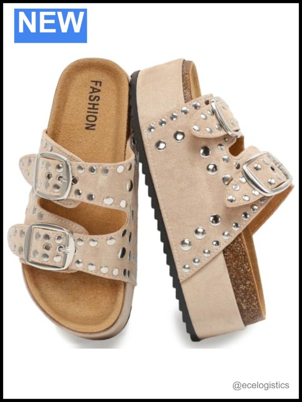 Platform Sandals With Cork Footbed Studded Adjustable Double Buckle Chunky